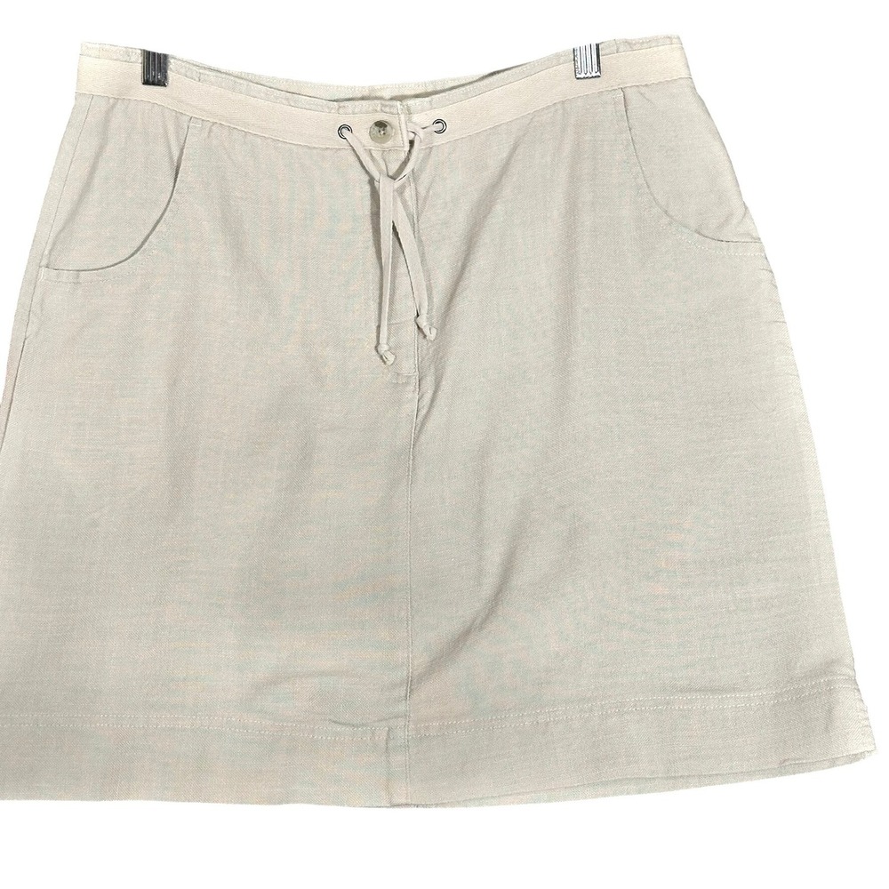 Woolrich Linen Blend A-Line Mini Skirt Beige Khaki Drawstring Pocket Size 12 - Picture 2 of 15